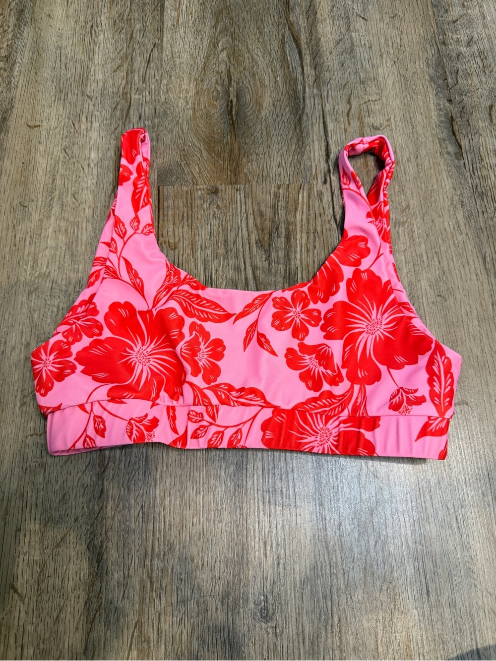 Pink Floral Scoop Bikini Top with Red Hibiscus Print, Kulani Kini Small